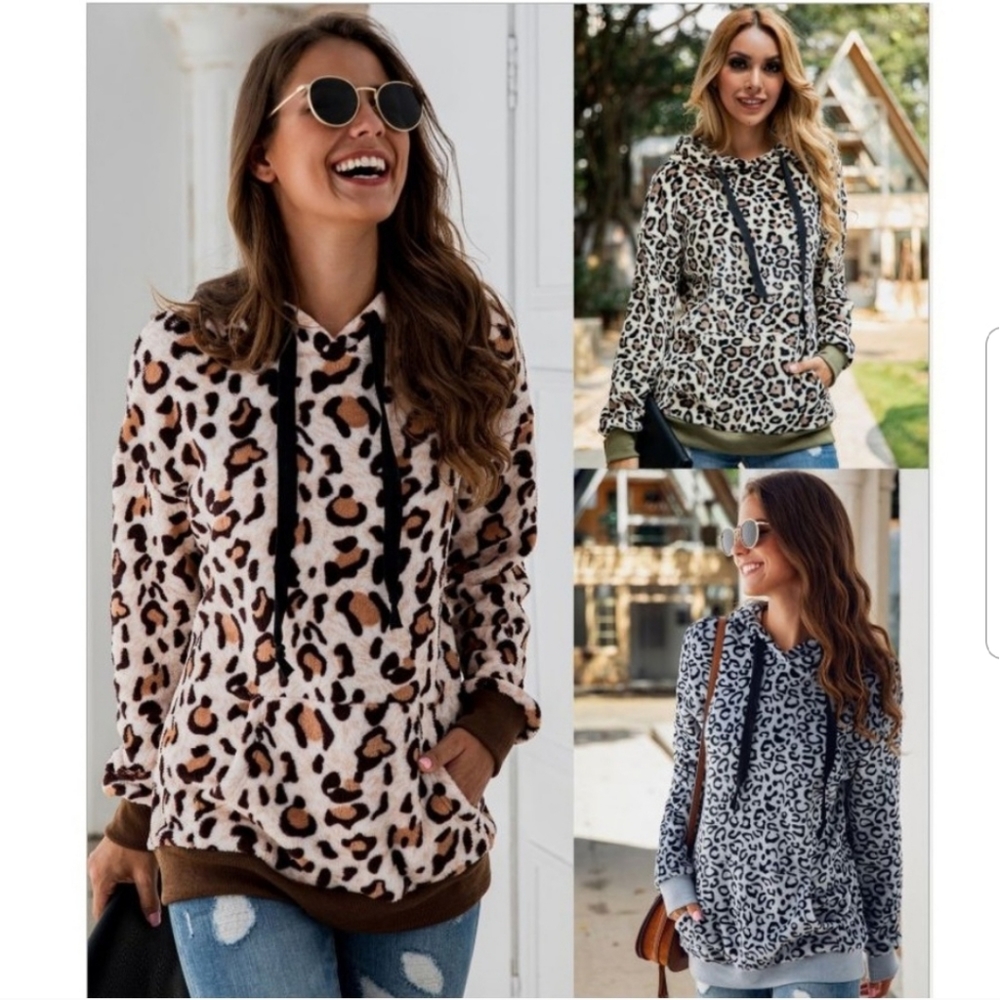 Leopard pockets Drawstring Hooded Sweater - Picture 2 of 4